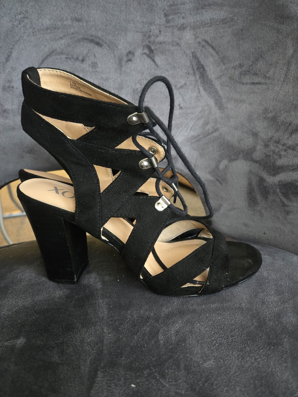 XOXO Black Suede Strappy Lace-Up Block Heels
